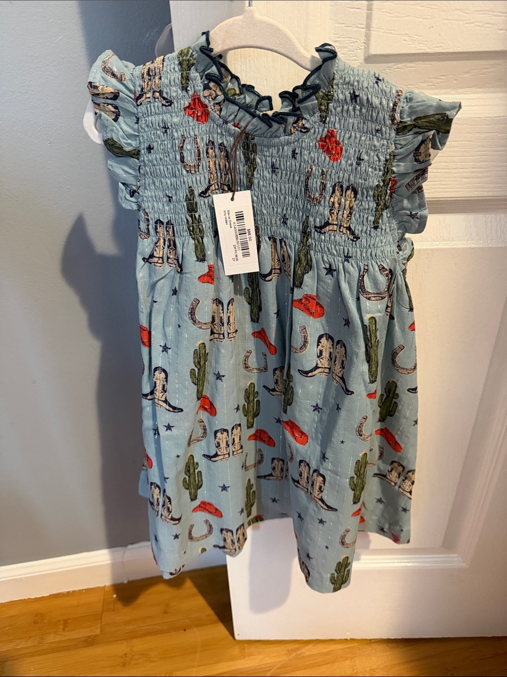 Pink Chicken Light Blue Western Print Smocked Dress